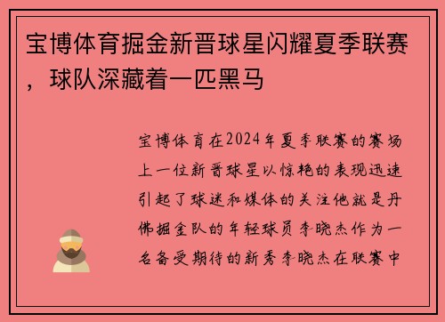 宝博体育掘金新晋球星闪耀夏季联赛，球队深藏着一匹黑马