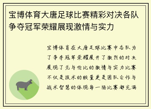 宝博体育大唐足球比赛精彩对决各队争夺冠军荣耀展现激情与实力